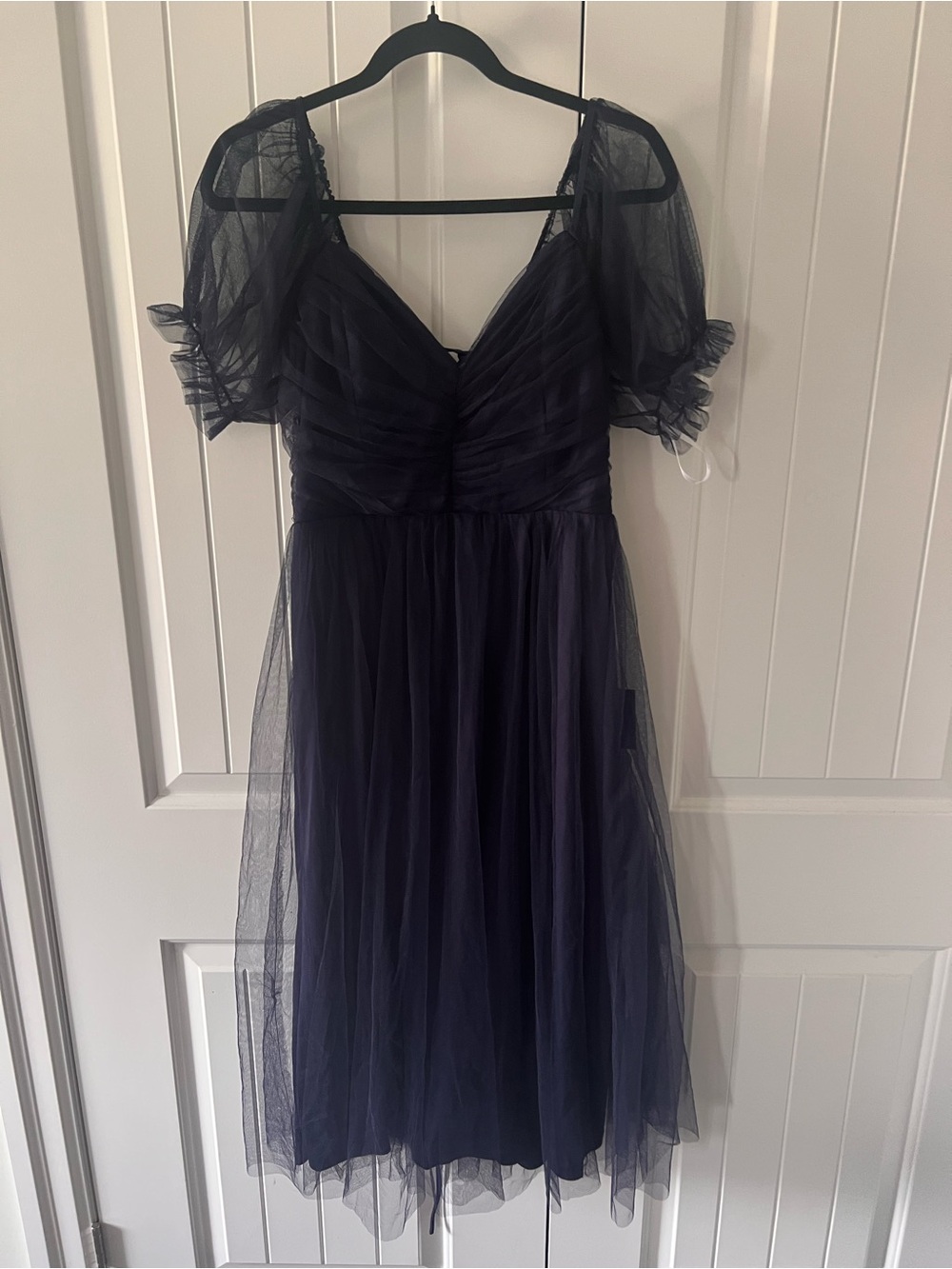 Lulus Glorious Chicness Navy Tulle Pleated Puff Sleeve Midi Dress - Picture 3 of 8